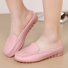 Sepatu Sandal Wanita Kulit Asli Sol Datar Bagian Ujung Tertutup Anti Selip Bersirkulasi Udara (Merah Muda 288) sepatu Wanita Sandal Wanita