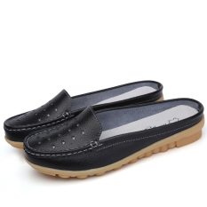 Sandal Wanita Kulit Asli Sol Lunak Sol Datar (Hitam)