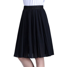 Musim Semi Dan Musim Panas Sifon Baru Rok Lipit Setengah-panjang Rok (Hitam)