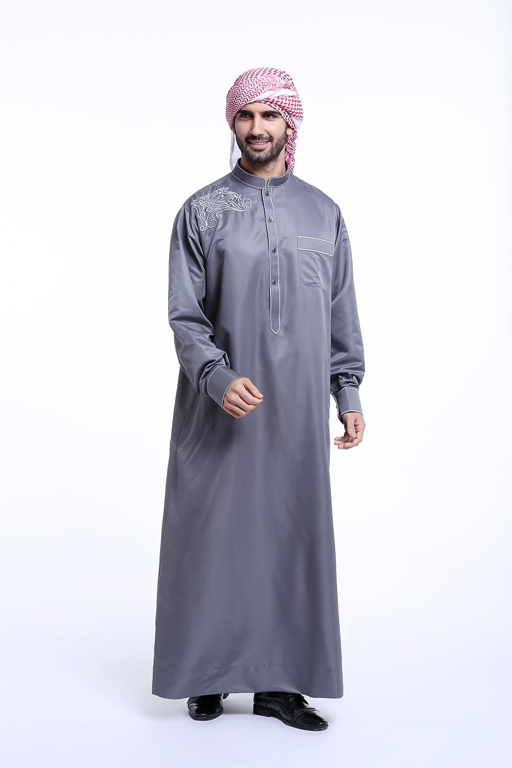 Muslim Men Long Sleeve Robe Jubahs Arab Timur Tengah Pria Pakaian Bordir Dada-abu-abu Gelap-Intl Cocotina