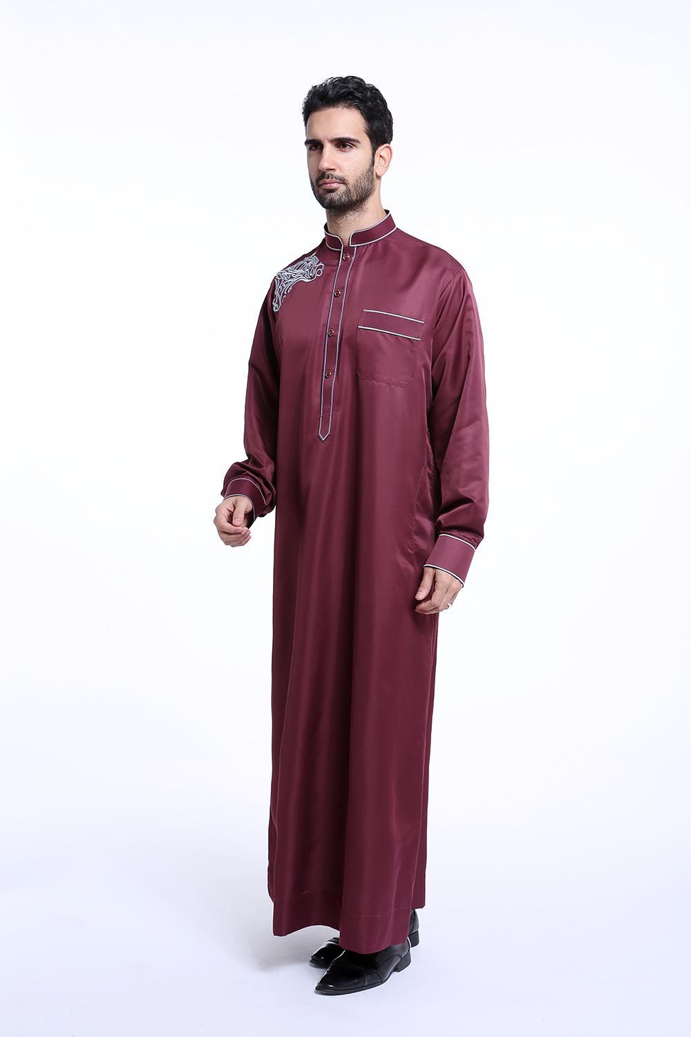 Muslim Men Long Sleeve Robe Jubahs Arab Timur Tengah Pria Pakaian Bordir Dada-anggur Merah-Intl