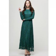 Pakaian Muslim Wanita Baju Kurung Lengan Panjang Renda Gaun L16017 Dark Green