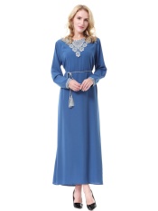 Muslim Women Robes Long Dress Malaysian Baju Kurung Dubai Saudi Women's Clothes Arab Lady Dress - Blue
