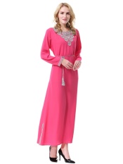 Muslim Women Robes Long Dress Malaysian Baju Kurung Dubai Saudi Women's Clothes Arab Lady Dress - Rose Red