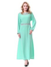 Muslim Wanita Dress Dubai Saudi Wanita Jubah Malaysia Gaun Wanita Arab Timur Tengah Ladies Fashion Rok Panjang- Light Green (L) -Intl