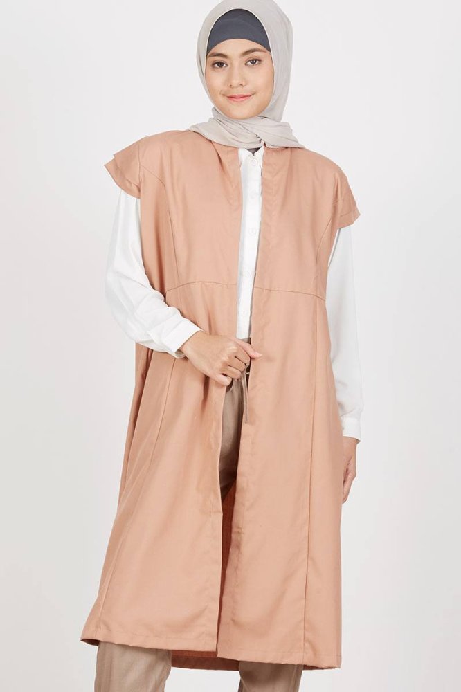 Musoffia Vest Rompi Cardigan Luaran Panjang Haya Outer Cokelat Brown Polos Hijab Muslim Formal Casual