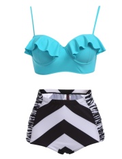 New Arrival Astar Women's Push Up Underwire Ruffles Print High Waist Ruched Bikini Set Swimsuit(Blue) - intl