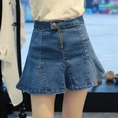 Baru Kedatangan Plus Ukuran 25 Sampai 31 Pleated Rok Wanita Fashion A-line Tinggi Pinggang Lutut-Panjang Denim Rok untuk Girls-920Blue-Intl