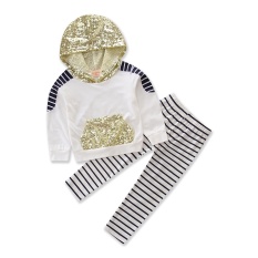 Baru Musim Gugur Bayi Gadis Pakaian Manik-manik Hoodie Atasan Kaus Katun Bergaris Celana 2 Pcs Pakaian Gadis Pakaian Set Tracksuit Ukuran 1-5Y-Internasional