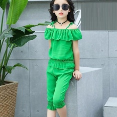 Baru Merek Remaja Girls Kain Sutera Tipis Pakaian Set Lepas dari Bahu Lengan Pendek T-shirt + Celana 2 Pcs Fashion Girls Pakaian Santai Set (hijau) -Intl