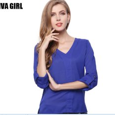 Baru Eropa dan Amerika Lengan Panjang Leher V Beaded Epaulette Loose Chiffon Shirt Blouse Ukuran Besar Kemeja Panjang- INTL