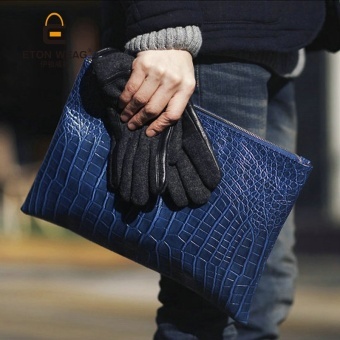 Baru Eropa Crocodile Grain Clutch File Handbag Unisex Hand Tertangkap Old School Briefcase Messenger Bag Big Kecil Clutch-Biru Ukuran Kecil-Intl