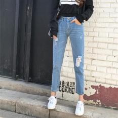 Baru FASHION Korea Musim Semi Terbaru Ladies Pinggang Tengah Longgar Gaya Pacar Jeans Di Vintage Cuci dengan Ripped Celana Perapi Wanita Real Photo-Intl