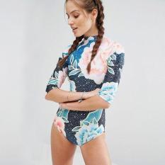 Modis Baru Lengan Panjang Peony Cetak Satu Kepingan Baju Renang Wanita Berselancar Pantai Berenang Pakaian-Internasional