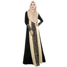 New Fashion Women Muslim Maxi Dress Contrast Color Pitches Long Sleeve Abaya Kaftan Islamic Indonesia Robe Long Dress - intl