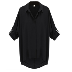 Baru Fashion Womens Girls Kain Sutera Tipis Longgar Lengan Pendek Kemeja Button-Down Atasan Blus Wanita Kerah Mantel Hitam Putih Hijau 3 Ukuran-Intl