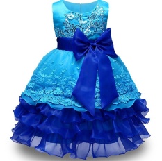 Baru Kualitas Tinggi Bayi Renda Putri Pakaian untuk Gadis Elegan Ulang Tahun Pesta Girl Dress Baju Bayi Perempuan Pakaian Natal 2-8yrs Biru-Intl