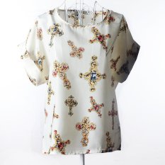 Baru Panas Jual Fashion Desain Musim Panas Batwing Lengan Pendek Oblong Tops Women Cetak Chiffon Shirt Blus Transparan Casual S-XXL- INTL