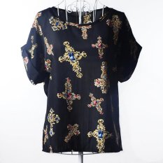 Baru Panas Jual Fashion Desain Musim Panas Batwing Lengan Pendek Oblong Tops Women Cetak Chiffon Shirt Blus Transparan Casual S-XXL- INTL