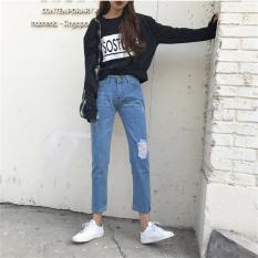 Baru Korea Musim Semi Terbaru Ladies Pinggang Tengah Longgar Gaya Pacar Jeans Di Vintage Cuci dengan Ripped Celana Perapi Wanita Real Foto-Intl