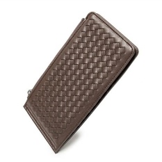 Baru Pria Kulit Dompet Panjang Menenun Zipper Dompet Bisnis Tas Telepon Tipis Dilipat Pengait Kartu Pemegang Tas Tangan (Kopi) -Intl