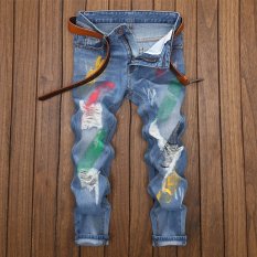 Baru Pria Kaki Celana Cat Sembilan Poin Jeans Men's Versi Korea Budidaya Diri Rusak Denim Pants- INTL