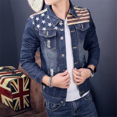 Baru Pria Slim Fit Klasik Retro Menebal Mantel Jean Denim Jaket Lapel Pakaian Luar Bendera Amerika Mencetak Melapisi-Intl