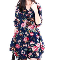 Lima Bintang Store Baru Linen Lengan Baju Seksi Wanita Bunga Panjang V-leher Begitu Pesta Malam Gaun Mini Bang Bang Pendek Seperti Biru Tua-Internasional