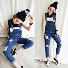 Baru Musim Semi Denim Jumpsuits Wanita Vaqueros Baju Monyet Panjang Celana Dikelantang Tergores Ripped Jeans Overall Suspender Wanita Catsuit-Biru- INTL