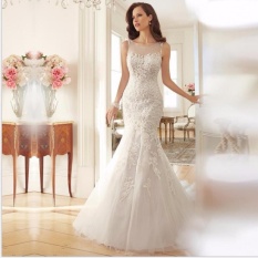 Stok Baru Putih Tulle Appliques Pernikahan Putri Duyung Renda Gaun