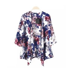 Baru Buka 24 Wanita Pakaian Bermotif Bunga-bunga Berwarna Kuning Eye 3/4 Lengan Baju Laskar Ehem Tipis Longgar Mantel Vintage Cardigan Biru