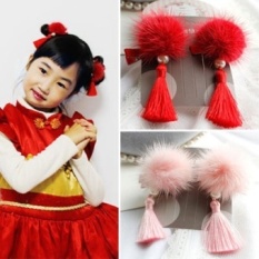 Tahun Baru Rumbai Merah Rambut Bola Bola Anak Perempuan Bayi Rambut Klip Jepit Rambut Meriah Rambut Gaya Cina Clip (Pink) -Intl