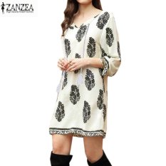Baru ZANZEA Wanita Bohe 3/4 Lengan Longgar Vintage Cetak Pantai Panjang Gaun Baju Pesta (Putih Pucat)-International