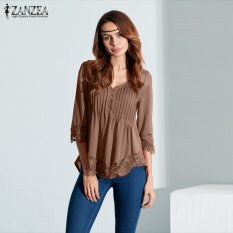 Baru ZANZEA Wanita Elegan Renda Baju Blus Musim Gugur Blusas Asimetris Atasan Kasual Solid Baru V Leher 3/4 Lengan Pullovers (khaki) -Intl