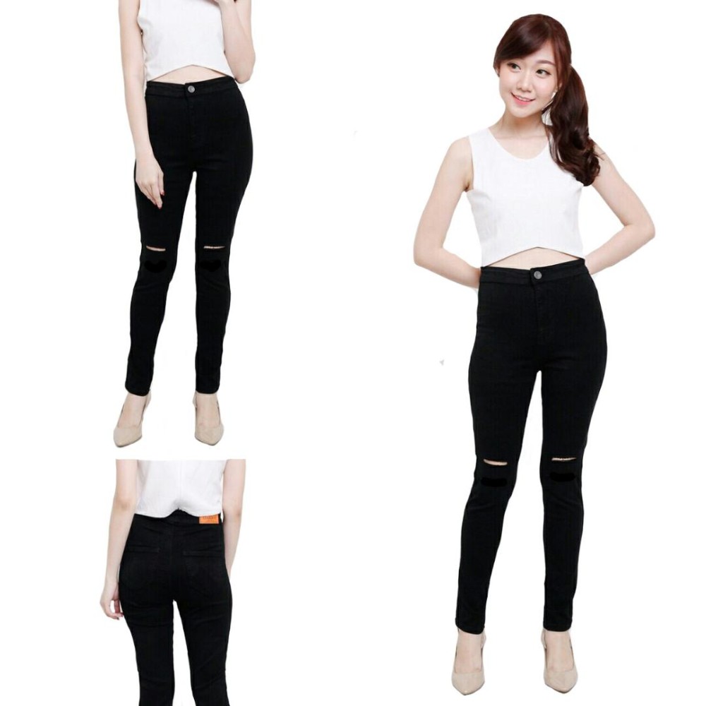 NJ Nuriel Jeans – Celana jeans Wanita – Denim Premium Quality – Skinny High Waits – Black Skinny Sobek Lutut 1 Hitam