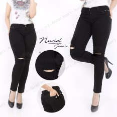 NJ Nuriel Jeans - Celana Jeans Wanita – Premium Quality – Skinny Regular – Sobek Single Hitam