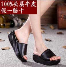 Nyaman Kulit Tahan Udara Taiwan Horizontal Sandal Wanita Bertumit Tinggi Sepatu Wanita (028 Hitam Kulit Terlalu Kecil atau Setengah yard)
