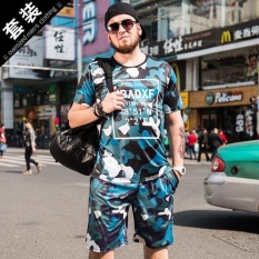 Laut Modis Pria Jas 2 Pieces Ukuran Besar Kenyamanan Kaus + Celana Pendek Tambahkan Pupuk Lengan Pendek Sportswear Setelan (Biru PK58115) & N-Internasional