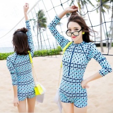 Ocean Women Hot Springs Konservatif Swimsuit Lengan Panjang Conjoined Swimwear (biru Muda)-Intl