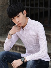 Orang & Merah Lengan Panjang Pria BARU Shirt Bisnis Profesional Biasa Stripe Slim Mentops Formal Shirt-Intl