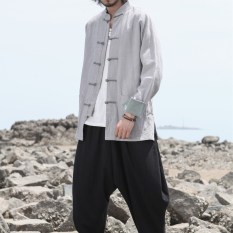 Oriental Gaya Kain Linen Kostum Kostum Rajut Gelang Rajutan Pakaian Atasan Jas Kungfu Kemeja (Abu-abu)