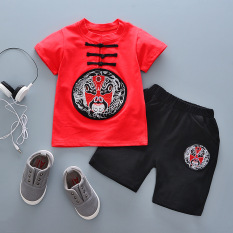 Oriental Style Retro Anak-anak Lengan Pendek Celana Pendek T-shirt (Topeng China Merah)