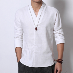 Oriental Gaya Retro Kain Linen Laki-laki Musim Semi atau Musim Gugur Sepatu Linen Kemeja Pakaian Adat Tiongkok (putih) baju Atasan Kaos Pria Kemeja Pria