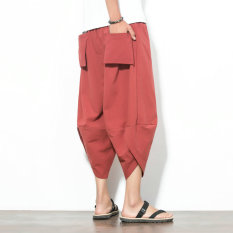 Oriental Gaya Sepatu Linen Pria Yard Besar Lebar Kesemek Celana Longgar Kulot (Merah)