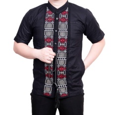 Ormano Baju Koko Muslim Batik Bordir Lengan Pendek Lebaran Hari Raya Pengajian ZO17 KK8 Kemeja Fashion Pria Corak Masa Kini Modern Size L - Hitam