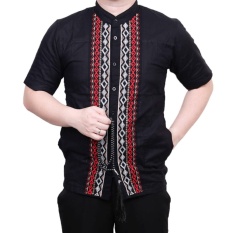 Ormano Baju Koko Muslim Batik Bordir Lengan Pendek Lebaran Hari Raya Pengajian ZO17 KK83 Kemeja Fashion Pria Corak Masa Kini Modern Size L - Hitam