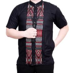 Ormano Baju Koko Muslim Batik Bordir Lengan Pendek Lebaran Hari Raya Pengajian ZO17 KK86 Kemeja Fashion Pria Corak Masa Kini Modern Size L - Hitam