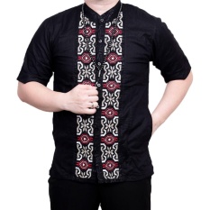 Ormano Baju Koko Muslim Batik Bordir Lengan Pendek Lebaran Hari Raya Pengajian ZO17 KK89 Kemeja Fashion Pria Corak Masa Kini Modern Size L - Hitam