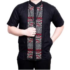 Ormano Baju Koko Muslim Batik Bordir Lengan Pendek Lebaran Hari Raya Pengajian ZO17 KK90 Kemeja Fashion Pria Corak Masa Kini Modern Size L - Hitam