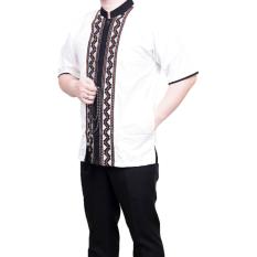 Ormano Baju Koko Muslim Batik Bordir Lengan Pendek Lebaran Hari Raya Pengajian ZO17 KK96 Kemeja Fashion Pria Corak Masa Kini Modern Size L - Putih